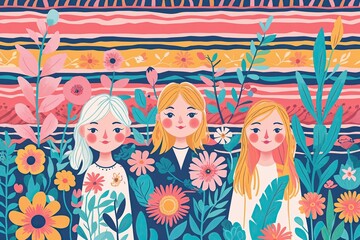 Vibrant Pastel Floral Characters with Dynamic Tapestry Background