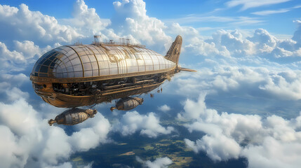 Steampunk airship over surreal landscape. Steampunk Sky Islands. Illustration