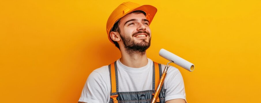 Young caucasian male painter smiling in yellow hard hat with paint roller against vibrant background