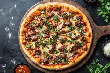 Isolated overhead shot of a pizza for meat enthusiasts