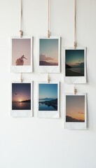 Several blank polaroid frames hanging, minimalist white backdrop, instant, polaroid, element