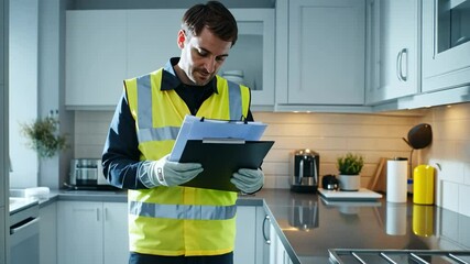 Home Inspection:  A focused home inspector examines documents, ensuring meticulous detail and safety.  The image conveys a sense of professionalism and security.