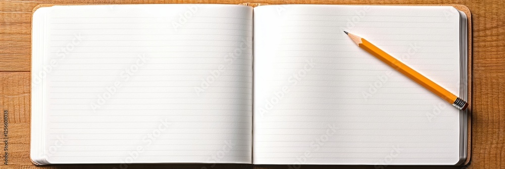 Aufkleber Open notebook and pencil on a bright wooden desk providing a spacious background for creative writing. Generative AI