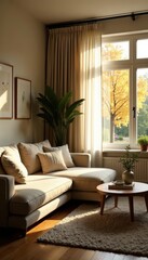 Soft light illuminates a cozy living room, warm tones, comfortable furniture , lighting, comfortable, ambient lighting