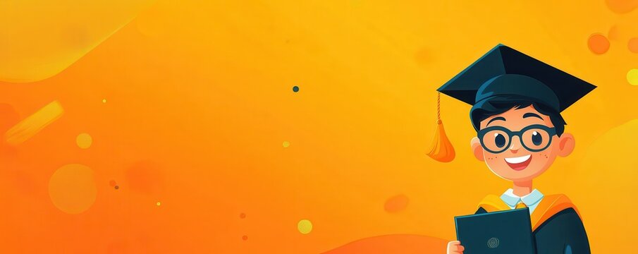 Asian young male graduate cartoon character on bright orange background