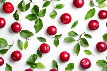 Isolated red plums and green leaves on white