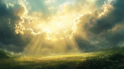Heavenly Meadow: Sunbeams Illuminate Serene Landscape