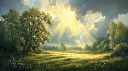 Sunbeams Illuminating a Serene Meadow Landscape