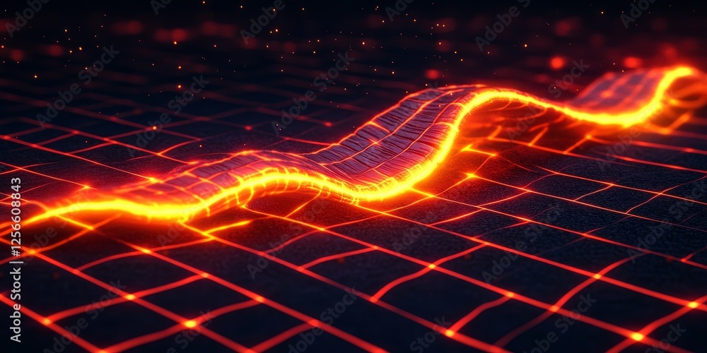 Poster abstract background with glowing red wave on a grid pattern digital art illustration,