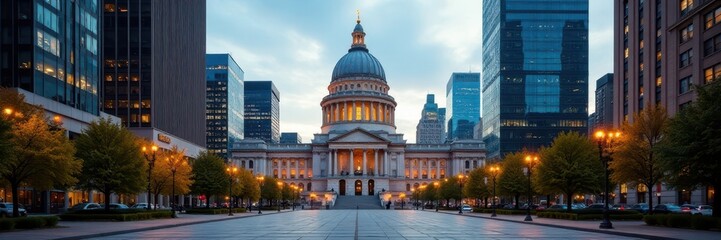 City Hall's majestic dome surrounded by modern skyscrapers , urban sprawl, skyline, urban landscape
