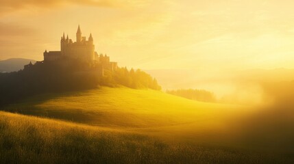 Obraz premium Medieval castle rises majestically on a green hill under a vibrant sunset sky filled with warm golden hues. Generative AI