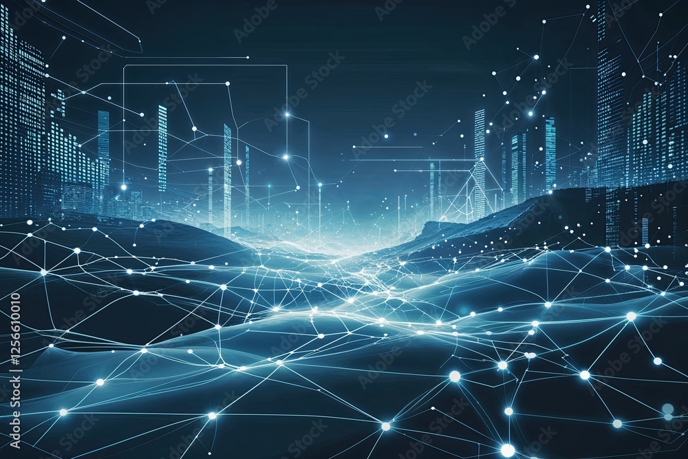 Poster abstract digital connections with dots and lines in a landscape highlighting the importance of data 