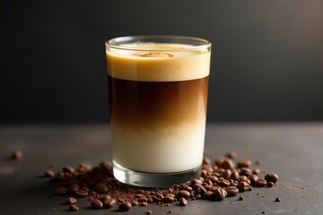 Strong dark coffee, creamy condensed milk, in traditional glass, texture, coffee beans