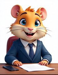 Handsome hamster with blue eyes in tie, shirt and suit holding working meeting on white background