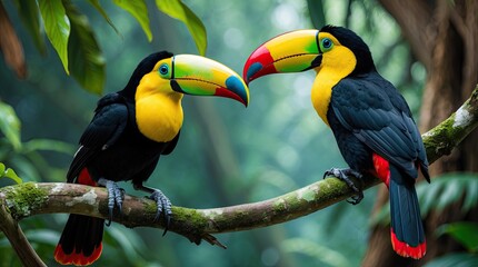 Obraz premium Colorful Toucans Perched Together on a Tropical Branch in a Vibrant Rainforest