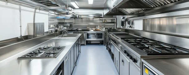 Modern industrial kitchen with stainless steel appliances and equipment