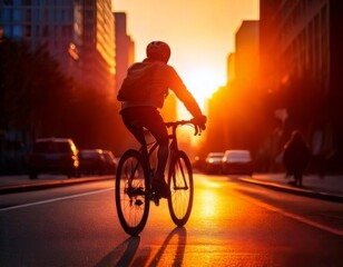 Cyclists riding bicycle at sunset or sunrise