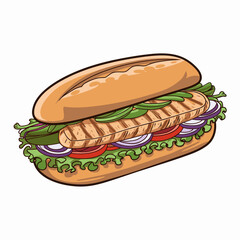 Illustrated Grilled Chicken Sandwich with Fresh Lettuce and Tomato