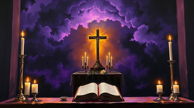 Illuminated cross, open Bible, and candles on altar, mystical purple sky symbolizing faith and Maundy Thursday reflection