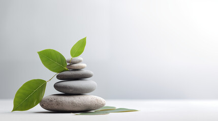 Pile de galets en équilibre sur fond gris. Galet plat et gris, avec branches, feuilles. Fond décor, nature pour conception et création graphique, élégant, calme, naturel 