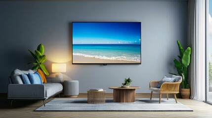  Modern living room with beach view on TV, elegant sofa and armchair, indoor plants, and natural lighting.