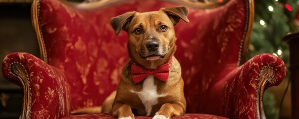 Obraz premium Adorable dog in red bow tie sitting on luxurious red chair during christmas
