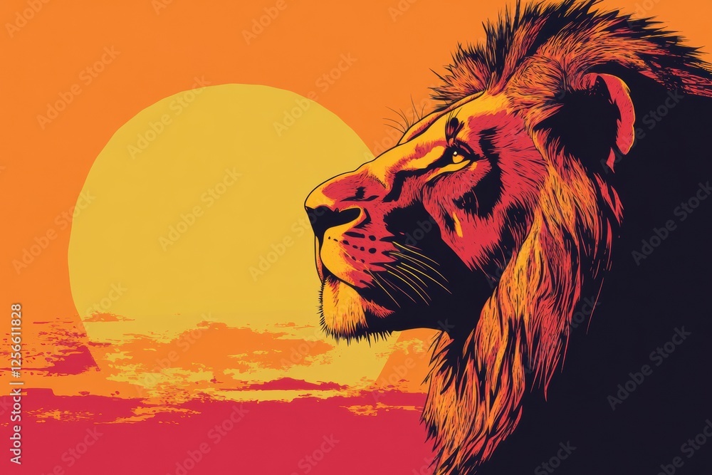 Aufkleber vibrant pop art lion portrait against a colorful savanna sunset with ample space for custom text. ge