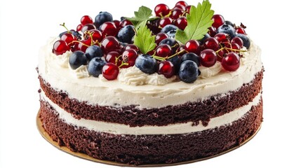 Handmade chocolate cake with white icing. Decorated with red currants and blueberries, cream and green foliage.