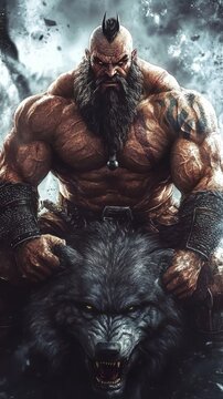 In an enigmatic, dark environment, a muscular warrior, guided by his animal companions, rules the area as twilight falls.