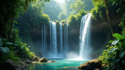 Fototapeta premium Misty Waterfall Hidden in a Tropical Rainforest