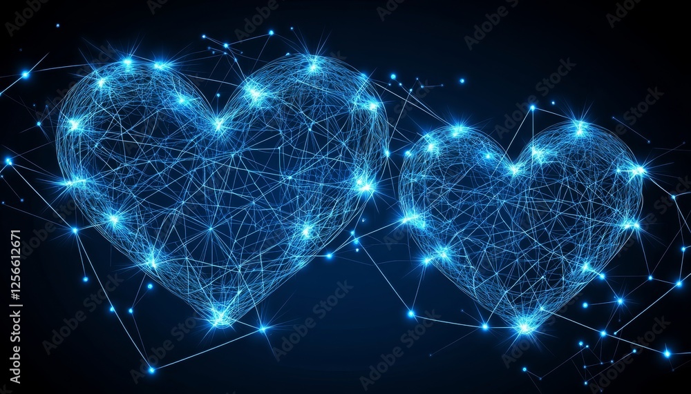 Poster two glowing blue hearts connected by intricate network of lines and dots on dark background
