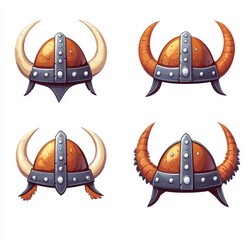 modern illustration of an isolated symbol, showcasing a cartoon viking helmet set, medieval armor, scandinavia saga, and the image of a seafaring raider viking helmet sign