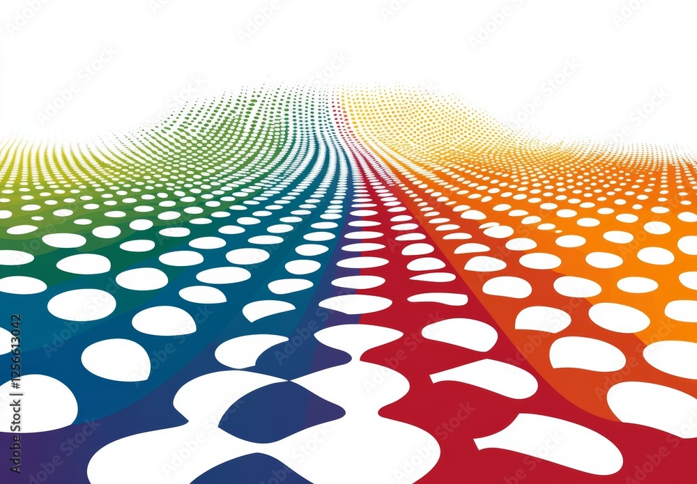 Wall mural an abstract wave pattern of colorful halftone dots in perspective, isolated on a white background