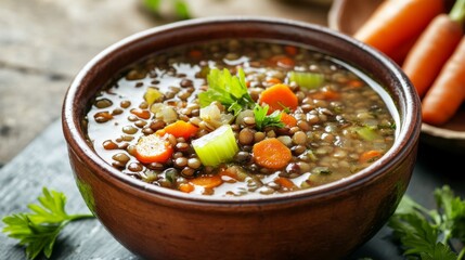 Image of rice and lentil soup with carrots and celery in a rustic bowl, emphasizing hearty and nutritious qualities. Ideal for healthy eating and winter meals.