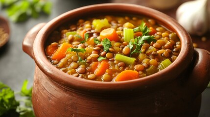 Image of rice and lentil stew with carrots and celery in a clay pot, emphasizing hearty and nutritious aspects. Ideal for vegetarian dishes and comfort food.