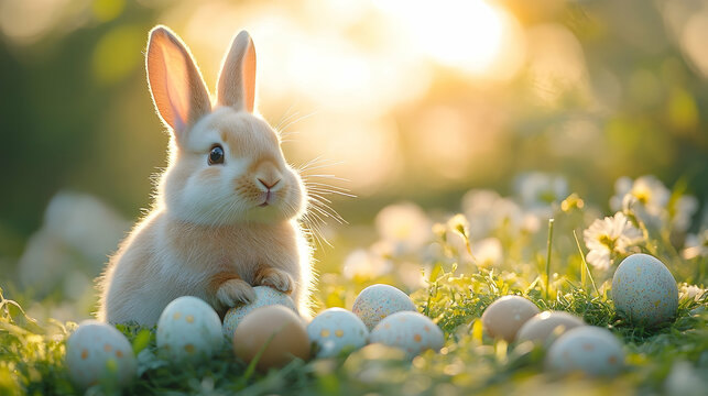 Easter bunny mascot with golf balls on sunny golf course, holiday concept