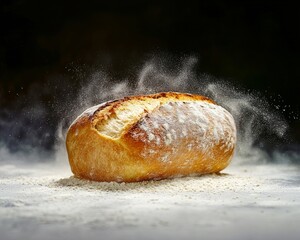 French bread loaf with a golden crust and white flour spread around