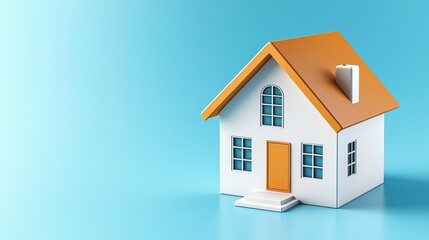 marketing and icon concept. A modern house model with an orange roof on a blue background.