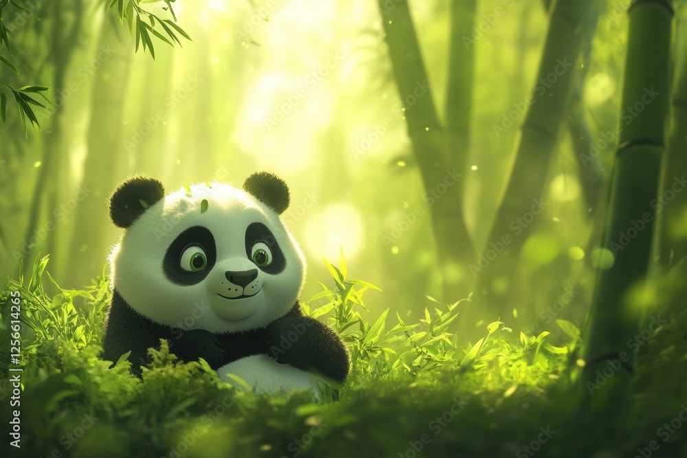 Aufkleber panda relaxes peacefully in a serene bamboo forest with sunlight filtering through the lush greenery