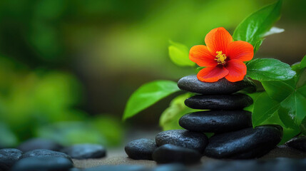 Serene Stacked Stones and Vibrant Orange Flower in Lush Green Nature