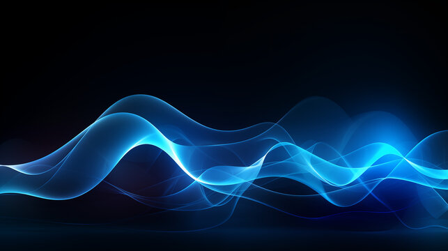 Néon effet flou, flux bleu, vague en mouvement, bleu électrique et clair sur fond noir. Énergie, magnétisme. Pour conception et création graphique. 