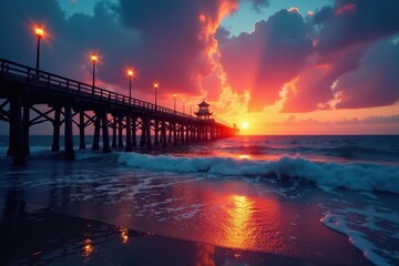 Ocean pier at dusk, cinematic wide shot, vibrant hues , twilight, wide shot, landscape