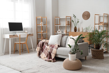 Comfortable sofa, pouf and houseplant in interior of cozy living room