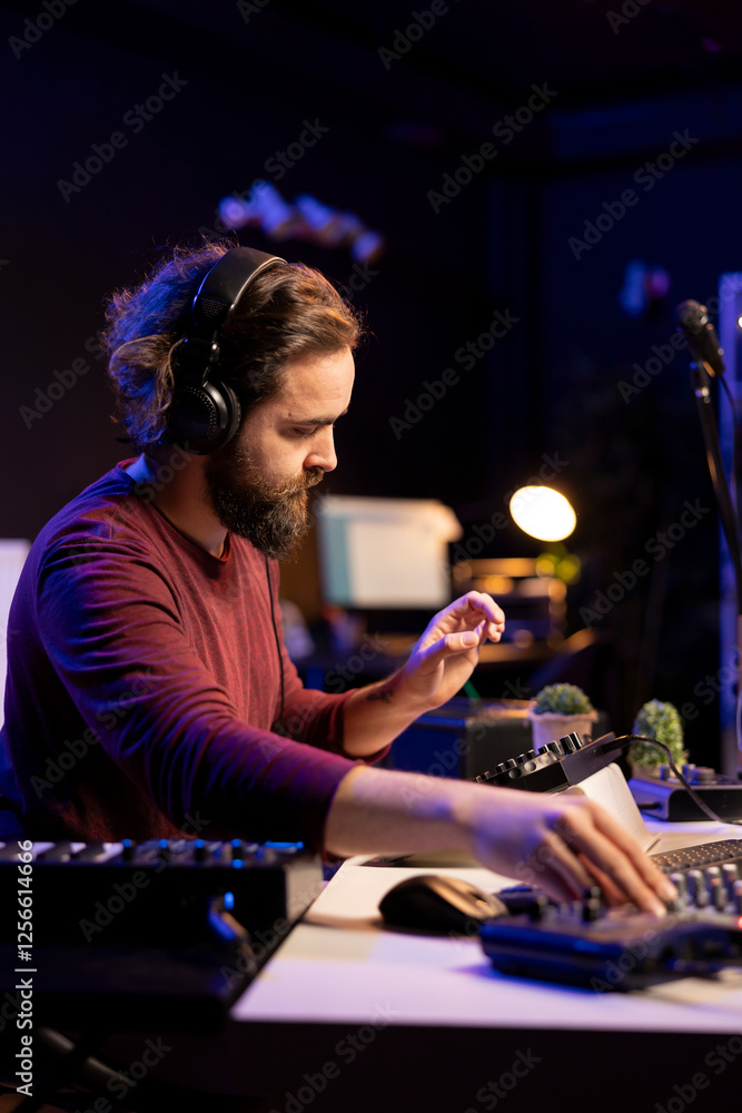 Leinwandbilder audio engineer using stereo console to add sound effects on songs, working with daw software on pc f
