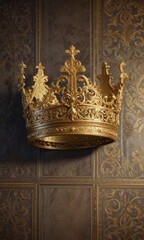 Regal crown with golden filigree on ornate medieval-style background, gold, crown