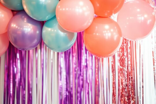 Festive party backdrop adorned with colorful balloons and shimmering tinsel for a cheerful celebration. Generative AI