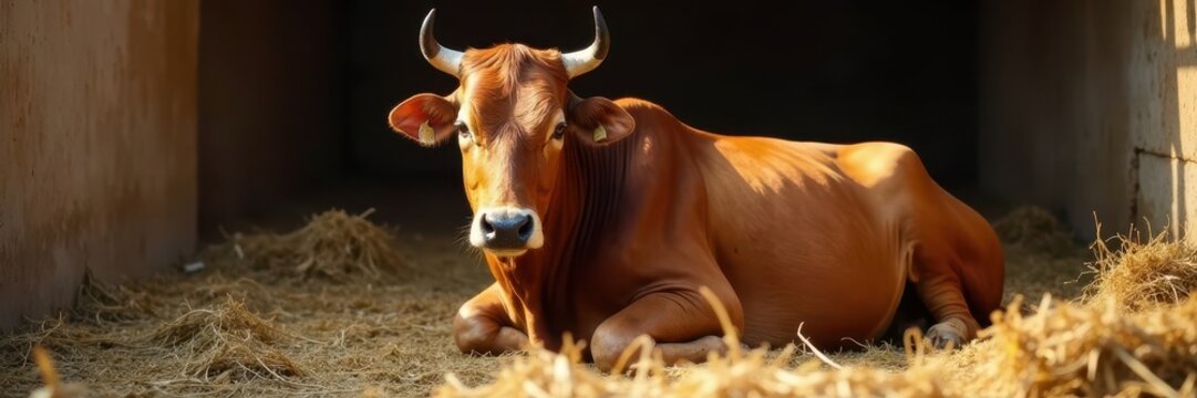 Serene zebu cow rests in hay-filled Indian cowshed , farm, farm animal, calm