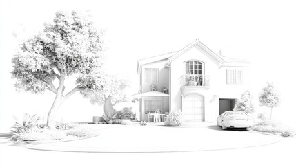 Family home architectural design, garden, car