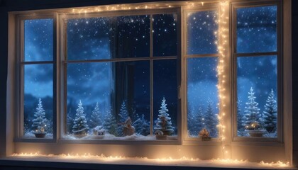 Naklejka premium Frosty windows reflecting Christmas lights in blue and white hues, reflections, blue and white