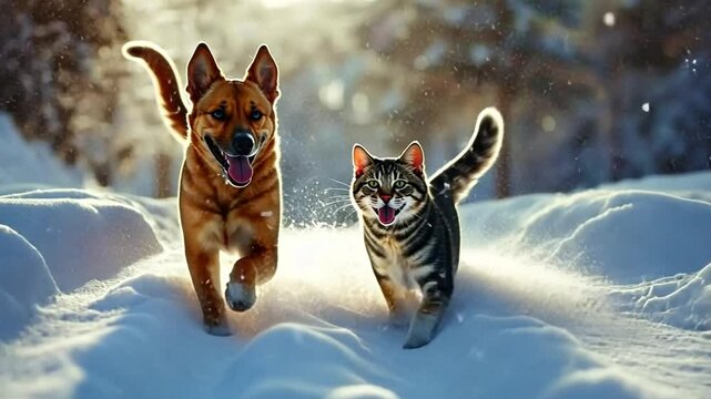 Winter Wonderland Chase: A playful dog and cat frolic together through a snowy landscape, their joyful expressions capturing the spirit of winter fun.
